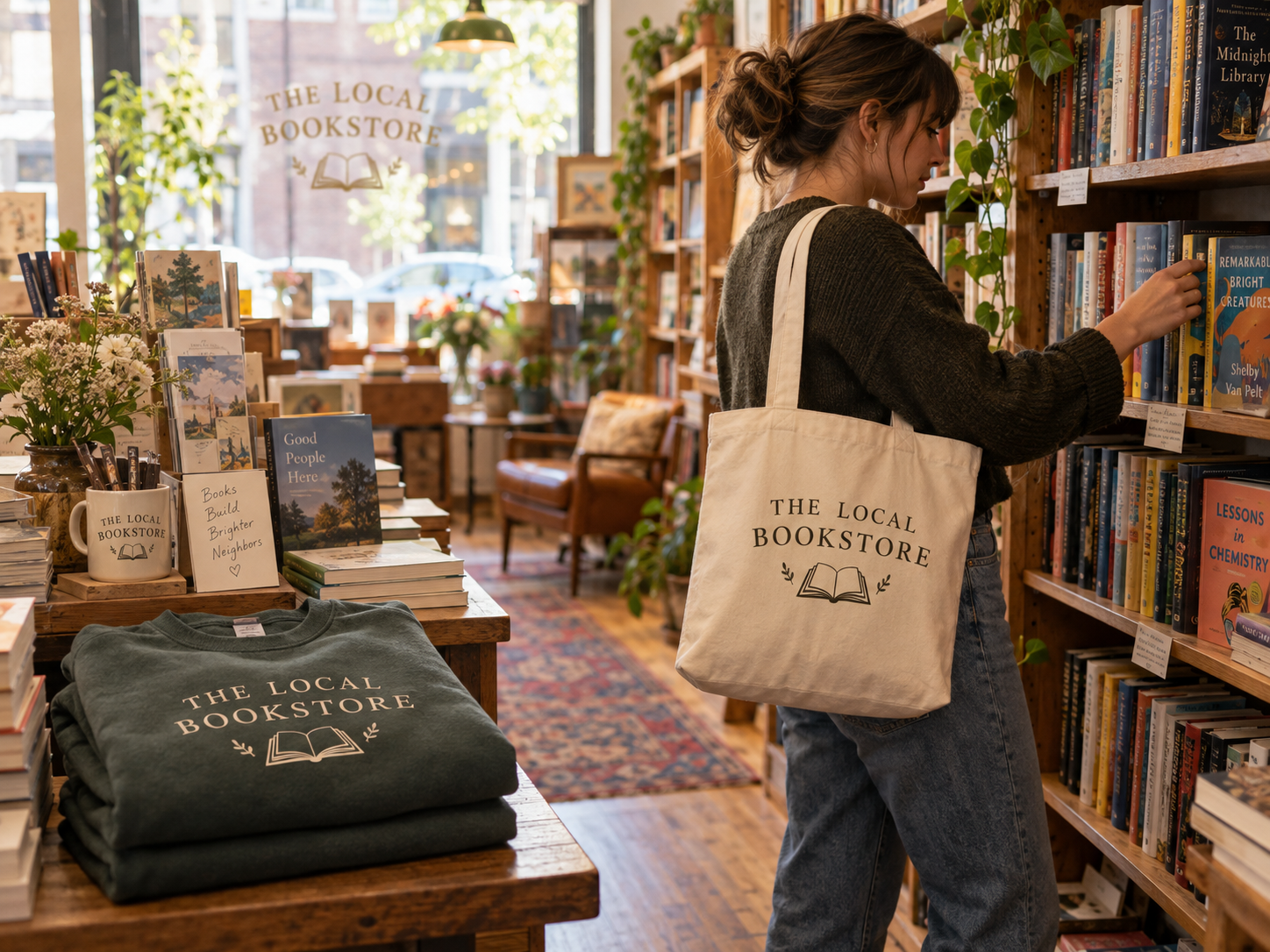Local Bookstore tote and sweatshirt in an independent shop
