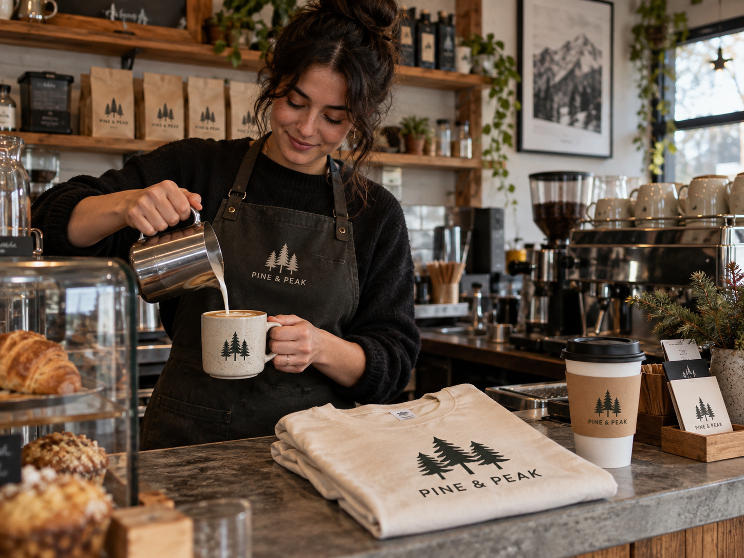 Pine & Peak café apron, drinkware and tee with matching brand design