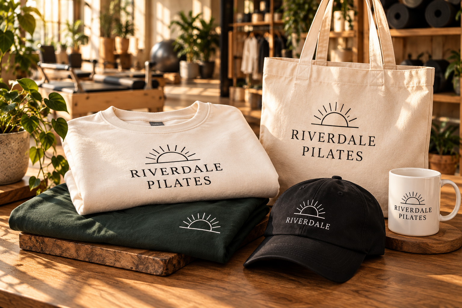 Coordinated Riverdale Pilates sweatshirts, cap, tote and mug